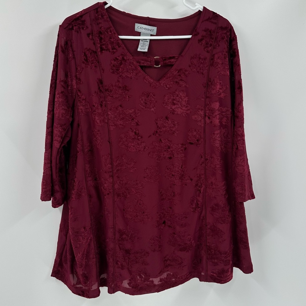 Catherines Red Moroon 3/4 Sleeve Burnout Crushed Velvet Tunic 1X/18-20 Holidays - Picture 13 of 13